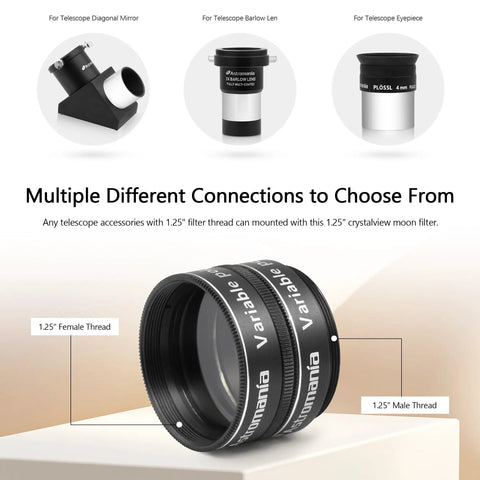 One And A Quarter Inch Variable Grey Polarizing Telescope Filter with multiple connections for astronomy and daylight viewing.