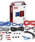 8 Gauge Car Amplifier Wiring Kit with power cable, ground cables, turn-on wire, speaker wire, terminals, and fuse holder displayed.