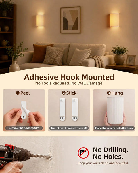 EZVALO Battery Operated Wall Sconce, Pleated Shades Wireless Wall Sconces Set of Two with Remote, shown with adhesive hook mounting instructions.