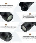 ET-60 Tulip Lens Hood Shade for Canon RF 75-300mm f4-5.6 shown with 58mm filter and cap, highlighting matte finish and reversibility.