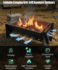 Portable Folding Charcoal Grill With Griddle Surface, Grate And Wire Mesh For Outdoor Grilling Sessions in camping setup