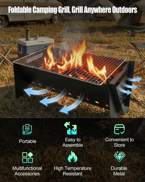 Portable Folding Charcoal Grill With Griddle Surface, Grate And Wire Mesh For Outdoor Grilling Sessions in camping setup