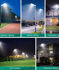 Different uses of 100W Solar Street Light With Motion Sensor, 6000K LED Flood Light, 10000 Lumens, IP65 in various outdoor settings