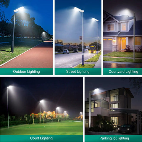Different uses of 100W Solar Street Light With Motion Sensor, 6000K LED Flood Light, 10000 Lumens, IP65 in various outdoor settings