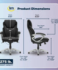 Ergonomic Office Chair With Dynamic Lumbar Support, dimensions chart, black leather, memory foam, swivel base, 275 lb capacity.