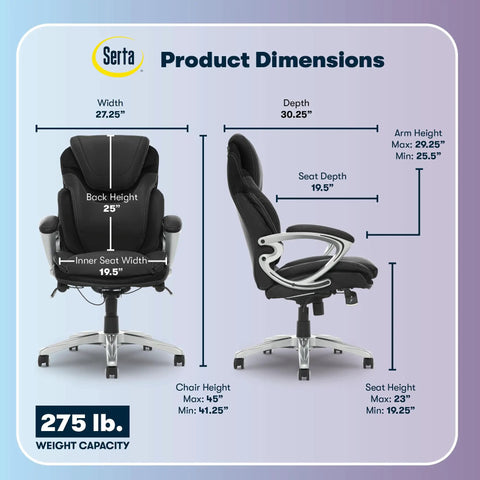 Ergonomic Office Chair With Dynamic Lumbar Support, dimensions chart, black leather, memory foam, swivel base, 275 lb capacity.