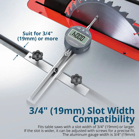 Badass Table Saw Alignment Gauge With Digital Dial Indicator Fits 3 4 Inch Miter Slot, showcasing 3/4" compatibility for precision cuts.