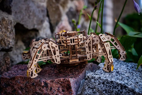 Six Legged Walking Robot Wooden Puzzle Kit For Adults DIY Hexapod Model With Self Propelled Motion Terrain Navigating Crawler on rock