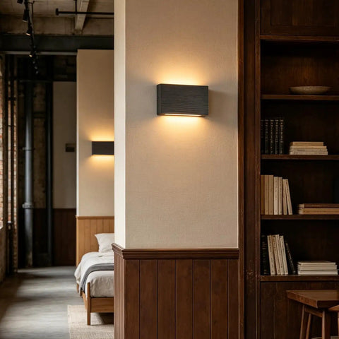 Modern Wood LED Linear Wall Sconce, Mini Up Down Wall Mount Light, Hardwired, UL Listed illuminating a wall in a bedroom.
