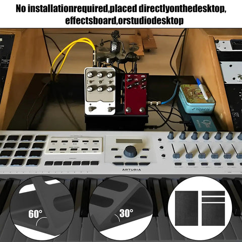 Extended Mini Guitar Pedal Board With 30 Degree And 60 Degree Tilt For A Grab And Go On Desk Setup in a studio setting.