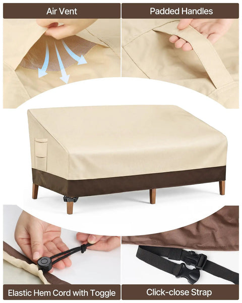 Heavy Duty Outdoor Sofa Cover For 3 Seater, Waterproof Patio Furniture Cover With Air Vent And Handle, 79x37x35 inches, beige.