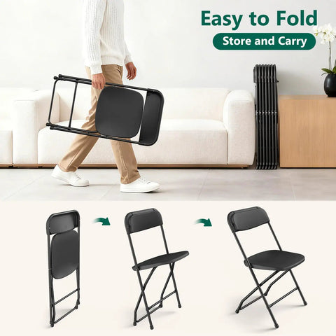 4 Pack Black Plastic Folding Chairs With Steel Frame For Outdoor Use No Fuss Portable Stackable Foldable Seating 350 Lb Capacity