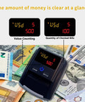 Portable Mini Money Counter And Counterfeit Detector With MG IR Image And Paper Quality Size Thickness Detection for Euro and US Dollars on banknotes.