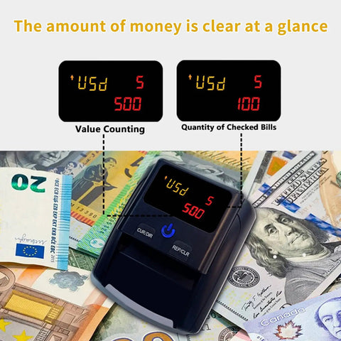 Portable Mini Money Counter And Counterfeit Detector With MG IR Image And Paper Quality Size Thickness Detection for Euro and US Dollars on banknotes.