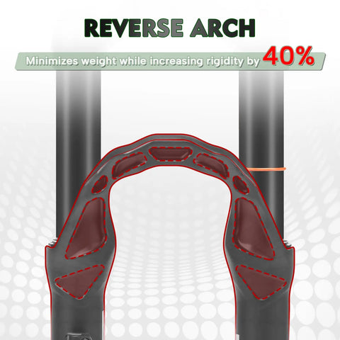 Close-up of 24 Inch Mountain Bike Front Fork with Air Suspension, 120mm Travel, featuring a reverse arch for enhanced rigidity.