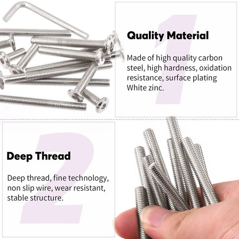 25 Pcs M6 Binding Screws and Barrel Nuts Assortment Hex Drive Socket Cap Bolts Nickel Plated Silver Includes Allen Wrench showing quality materials and deep threads.