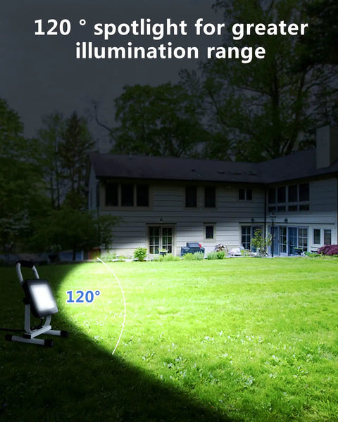 6000 Lumen LED Work Light with Stand Waterproof Flood Light illuminating backyard at night with 120° spotlight