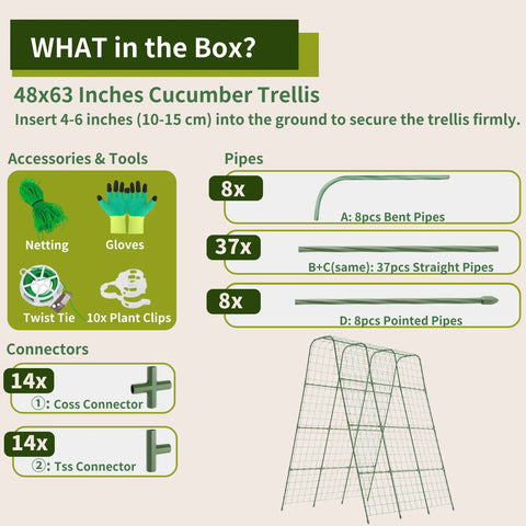 Package contents of 63 Inch Tall U Shape Cucumber Trellis For Raised Beds Garden Arch For Climbing Plants Outdoor Plant Support