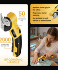 Beast Cordless Scissors For Cardboard And Box Cutting Power Cutter with 4V battery shown cutting fabric on a table