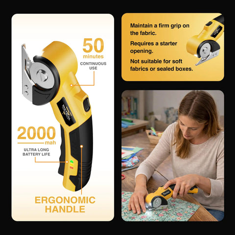 Beast Cordless Scissors For Cardboard And Box Cutting Power Cutter with 4V battery shown cutting fabric on a table