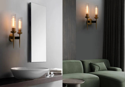Antique Bronze Two Light Sconce For Bathroom Vanity With Dual Two Point Eight Inch Cylinder Glass Shades, Industrial Candle Style Wall Light