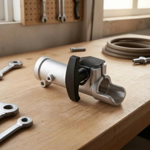 Heavy Duty Shaft Connector With Splines For Garden Power Tools Smooth Operator Instant Coupling Adapter on wooden workbench.