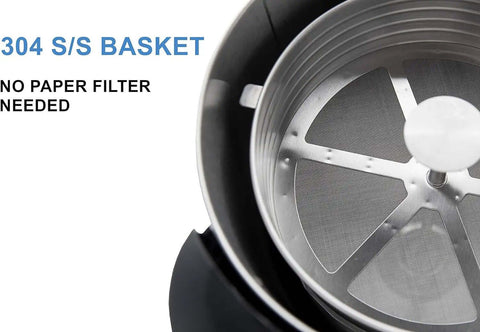 Top view of Commercial Grade Stainless Steel Percolator Coffee Urn for Catering showing 304 S/S basket and no paper filter required.
