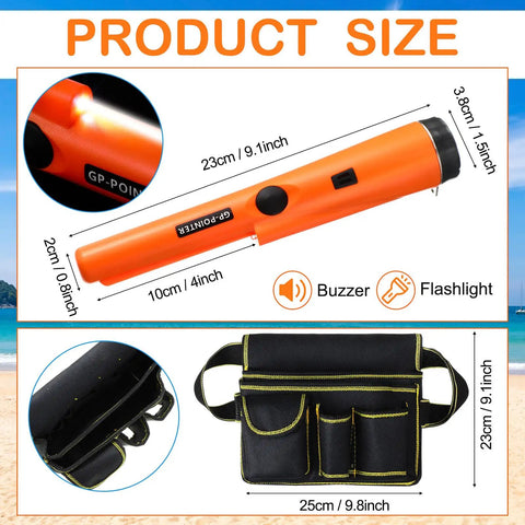 Treasure Hunting Kit With Metal Detector Pinpointer Sand Scoop Shovel Waterproof Gloves Finds Bag And Storage Pouch showing pinpointer size and bag