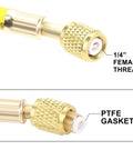 Close-up of Hromee AC refrigerant hose connector with 1/4 inch female thread, PTFE gasket, brass knurled coupling