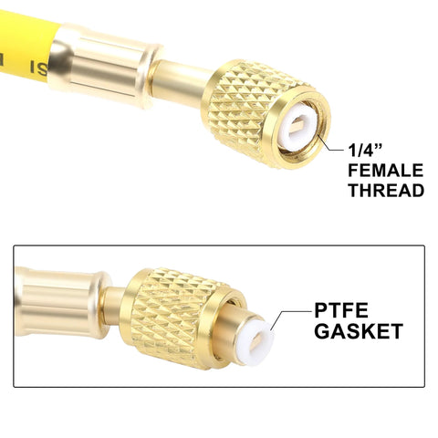 Close-up of Hromee AC refrigerant hose connector with 1/4 inch female thread, PTFE gasket, brass knurled coupling