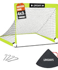 Portable 4x3 Soccer Goal For Backyard With Pop Up Net Ground Stakes And Carry Bag Easy Setup For Backyard Court Or Field Kid And Youth Friendly Great For All Ages And Skill Levels, showing goal, stakes, bag.