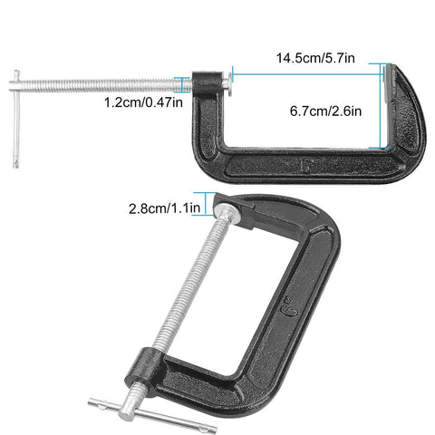 Heavy Duty Beefy 4 Pack 6 Inch C Clamp Set With Malleable Iron Build, 1350 Lbs Clamping Power, side view, with measurements shown
