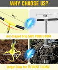Comparison of manual twist tiller with 17.7-inch arc handle vs traditional tiller highlighting ergonomic grip and larger tines for gardening.