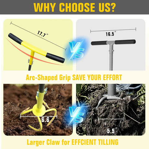 Comparison of manual twist tiller with 17.7-inch arc handle vs traditional tiller highlighting ergonomic grip and larger tines for gardening.