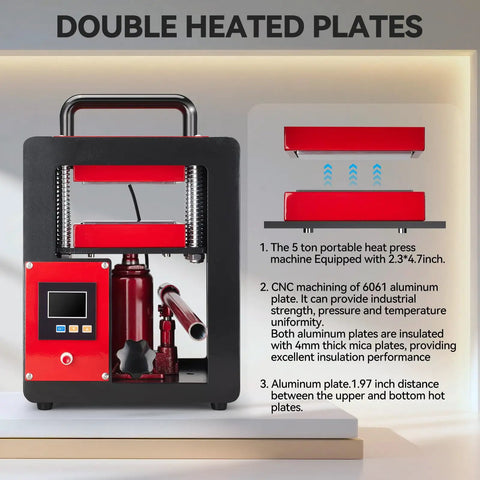 Rugged 5 Ton Portable Hydraulic Heat Press With Dual Heating Plates 2.3 x 4.7 Inch Platen Steel Frame Stainless Fasteners Built To Last For DIY T Shirts Sublimation And Craft Projects, shown with double heated plates