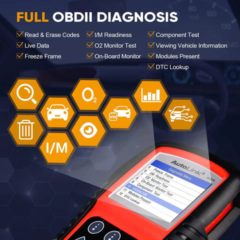 AutoLink AL619 Scanner screen showing OBDII diagnosis features like DTC Lookup and live data