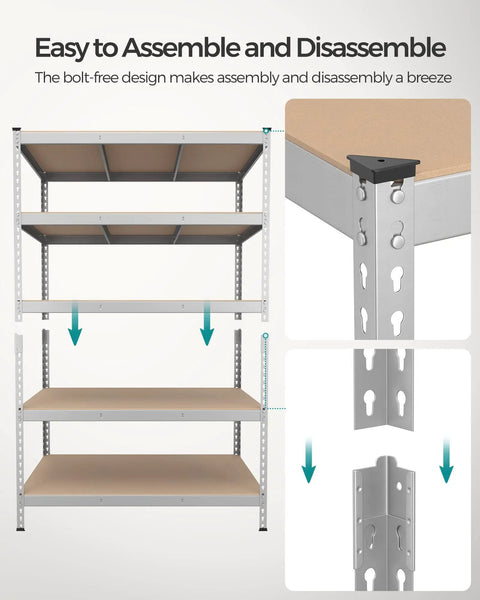 Heavy Duty Five Tier Steel Storage Shelves Packed With Solid Four Hundred Sixty Two Lb Per Shelf Capacity No Sweat Boltless Setup Adjustable Rack For Garage Shed Real Deal Steel Rack Silver Beige Accent