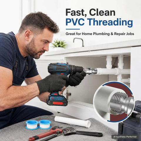 PVC Pipe Threader Kit For 1/2 3/4 1 Inch Plastic Pipes With Internal And External Threading Tool Drill Compatible Includes 3 Hex Adapters Gloves And Thread Seal Tape For Quick Pro Quality Pipe Connections. Man threading PVC pipe with drill
