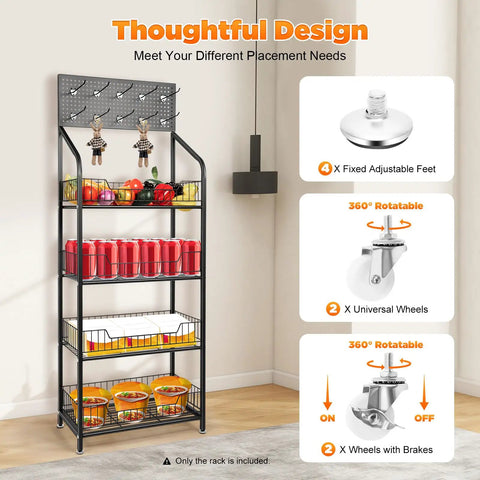 Heavy Duty Four Tier Mesh Display Rack With Ten Secure Hooks Mobile Snack Organizer Cart Featuring Smooth Gliding Locking Casters Straight Up Game Changing Storage