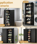 Tall Narrow Slim Steel Storage Cabinet With Lock And Five Adjustable Shelves For Kitchen Pantry Bathroom And Office Black 67 Inch Tall Go To Locker Organizer File Cabinet shown in different rooms