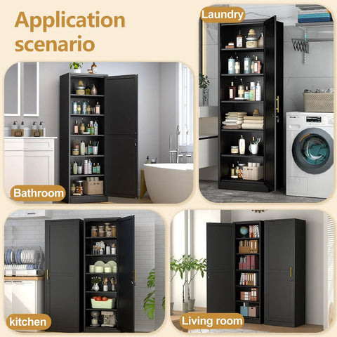 Tall Narrow Slim Steel Storage Cabinet With Lock And Five Adjustable Shelves For Kitchen Pantry Bathroom And Office Black 67 Inch Tall Go To Locker Organizer File Cabinet shown in different rooms