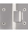 Badass Tough Solid Brass Glass To Glass Hinge In Sleek Satin Chrome with visible screws and pivot for frameless shower doors.