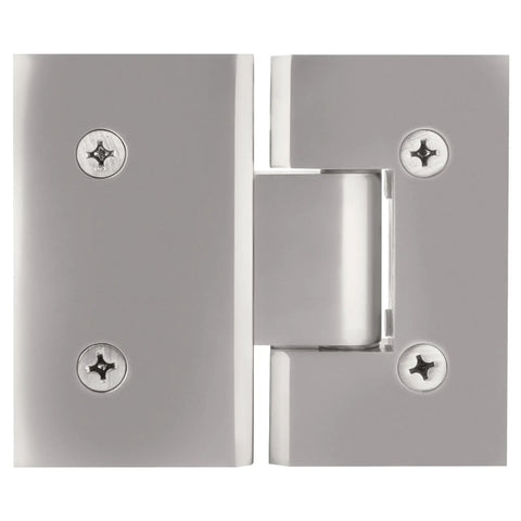 Badass Tough Solid Brass Glass To Glass Hinge In Sleek Satin Chrome with visible screws and pivot for frameless shower doors.
