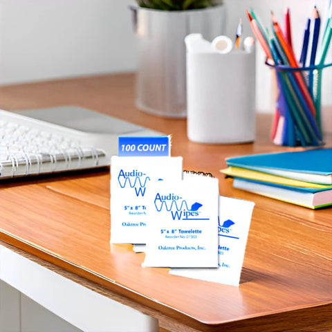 Alcohol Free Electronic Cleaning Wipes, 100 Individually Wrapped, fast drying and safe for gaming gear, displayed on a desk.