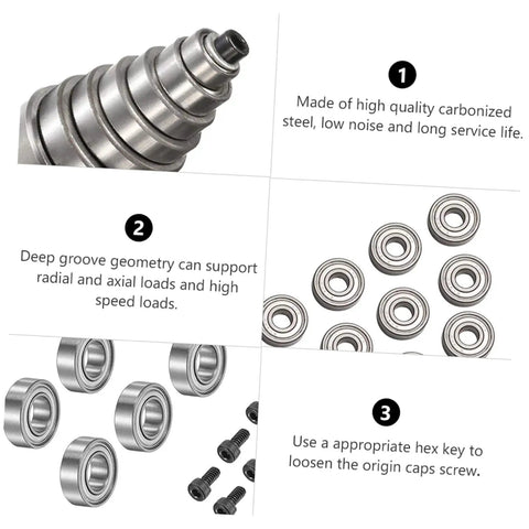 Top Mounted Ball Bearing Router Bit Guide Kit, 12 Piece Bearings Accessory Set With Screws And Wrench, detailed components view