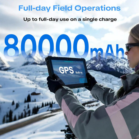 Person using No Sweat Heavy Duty Workhorse 10.1 Inch Rugged Tablet Pc outdoors in snowy landscape with GPS showing.