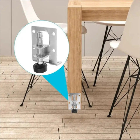 Rock Solid Heavy Duty 12 Pack Adjustable Furniture Feet Leveling Feet for Tables Cabinets and Benches shown on wooden table leg