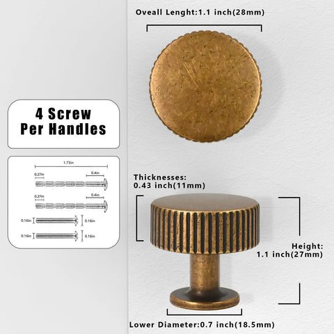 Antique Brass Cabinet Knobs 10 Pack 28mm Round Single Hole Drawer Pulls dimensions and construction details image.