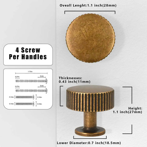 Five Pack Antique Brass Cabinet Knobs And Round Single Hole Pulls For Kitchen Cabinets Drawers And Dressers, dimensions shown