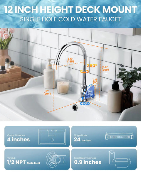 12 inch height deck mount heavy duty single hole cold water faucet crafted from solid brass with a shiny chrome finish.